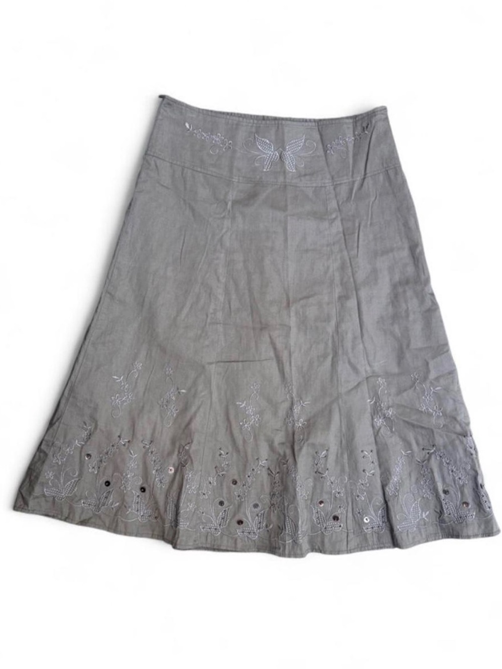 Taupe brown embroidered beaded cotton flare midi skirt butterflies coastal boho